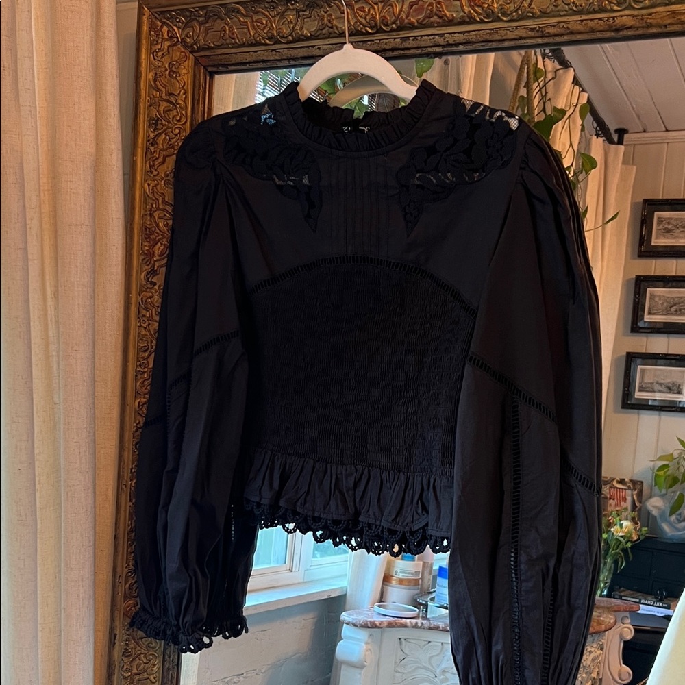 Farm Rio black lace embroidered top - Small